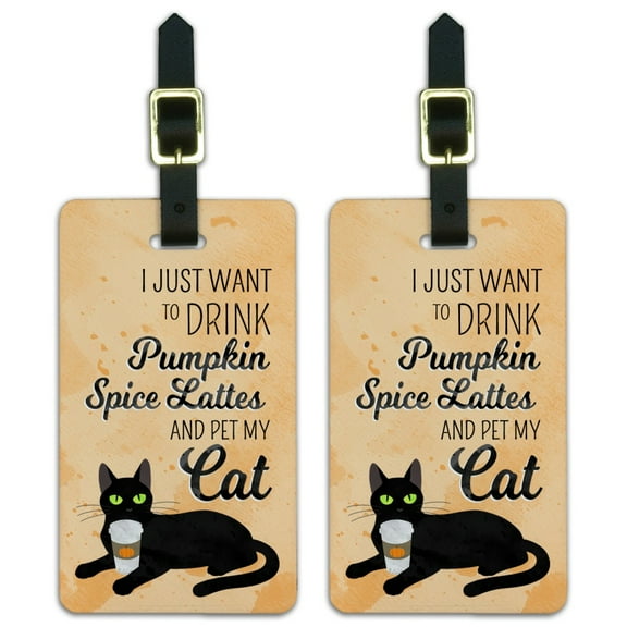 I Just Want to Drink Pumpkin Spice Lattes and Pet My Cat Luggage ID Tags Suitcase Carry-On Cards - Set of 2