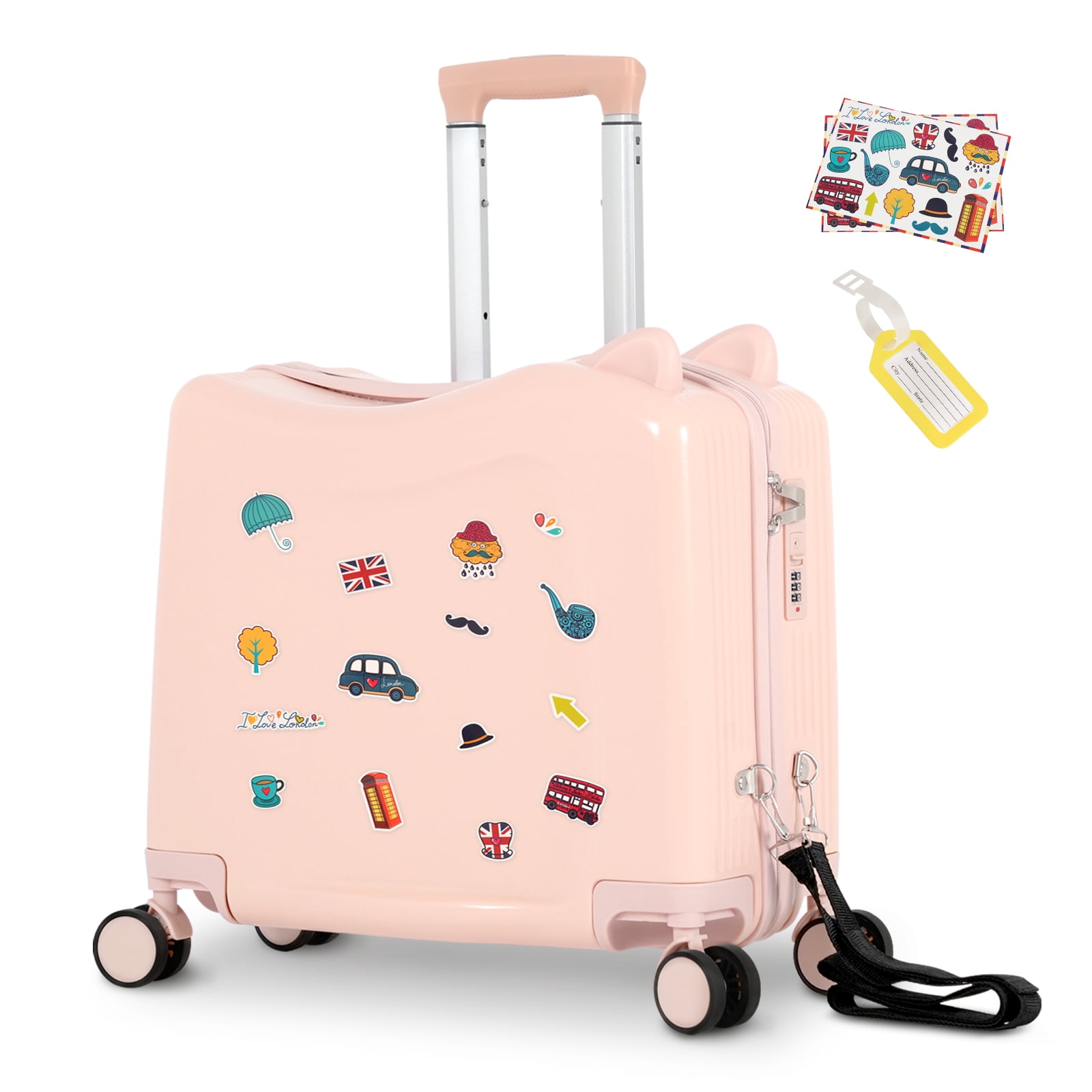 20 Inch Kids Ride-On Luggage with Spinner Wheels, Hard Shell Carry-On Suitcase with Strap, Pink