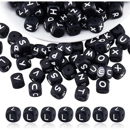 20 Pcs Black Cube Letter L Silicone Beads 12x12x12mm Square Dice Alphabet Beads with 2mm Hole Spacer Loose Letter Beads for Bracelet Necklace Jewelry Making(Letter L) black