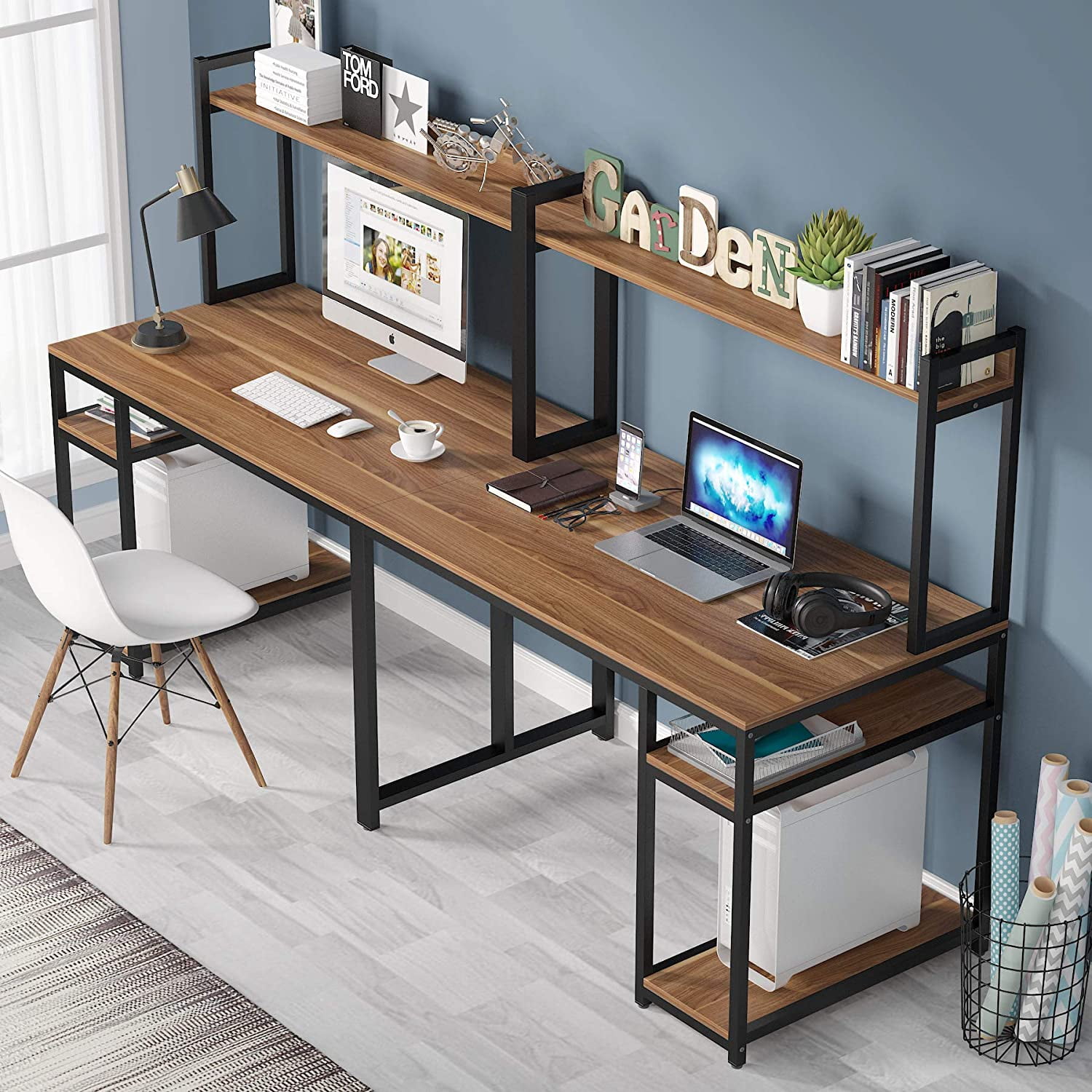 Double computer clearance desk with hutch