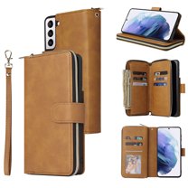 Feishell for Samsung Galaxy S21 (6.2 inch) Wallet Case for Women Men,Premium PU Leather Magnetic Clasp Zipper 9 Card Slots Folio Flip Holder Shockproof Purse Phone Case with Wrist Strap,Brown