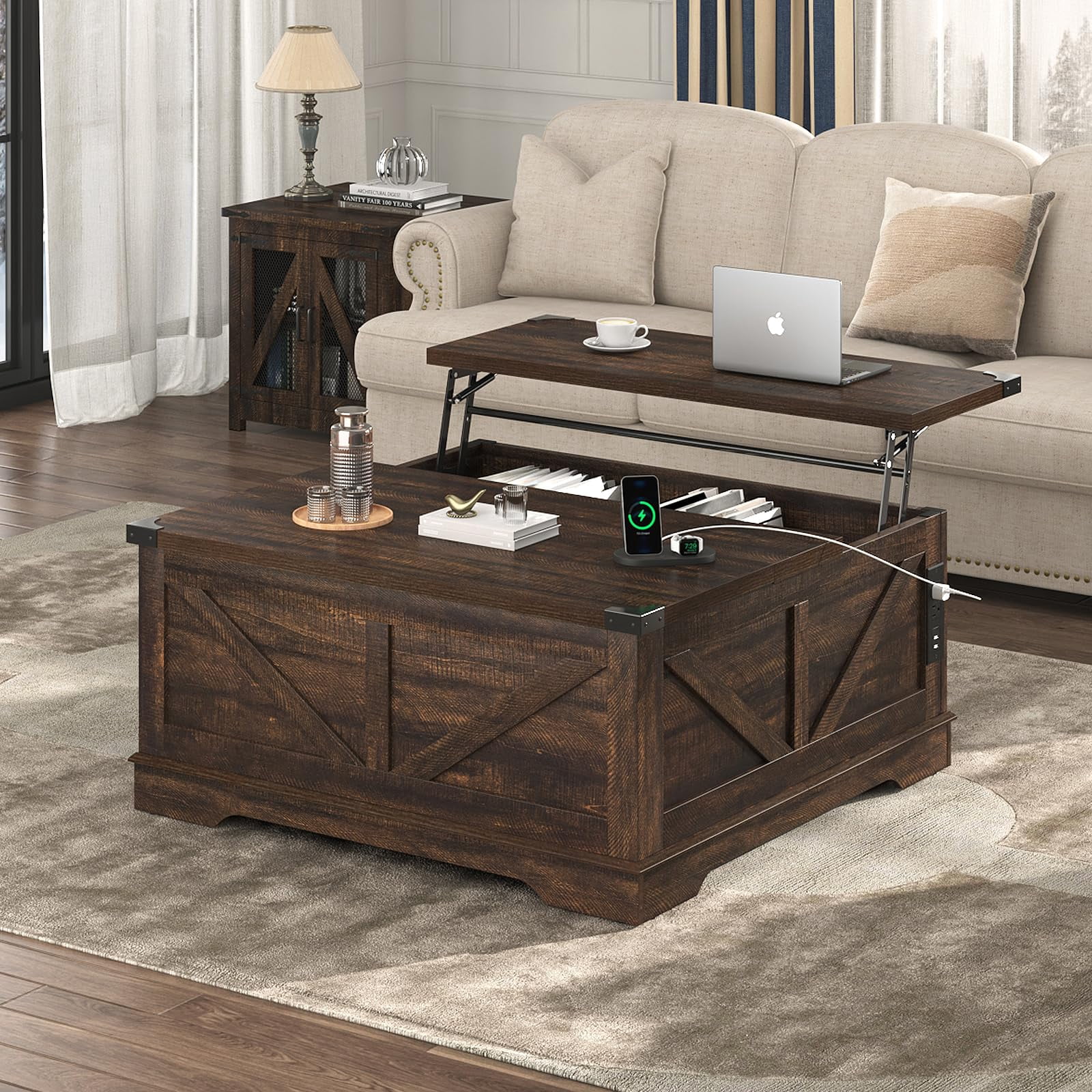 40" Large Farmhouse Lift Top Coffee Table with Power Outlets, Square Wood Living Room Table with Large Hidden Storage, Multi-Function Lift Wooden Barn Door Center Table, Brown