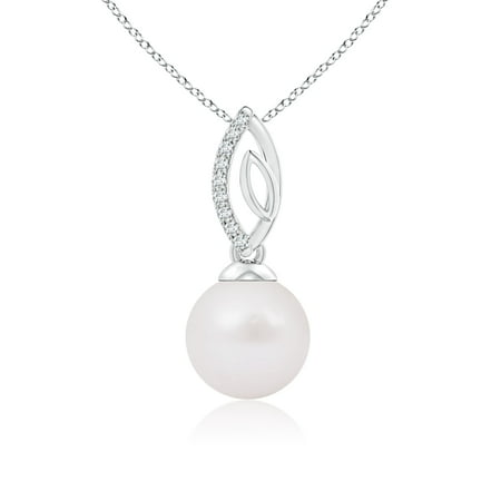 Akoya Cultured Pearl & Diamond Leaf Bale Pendant in 14K White Gold (8mm Akoya Cultured Pearl) - SP1554AKPRD-WG-A-8