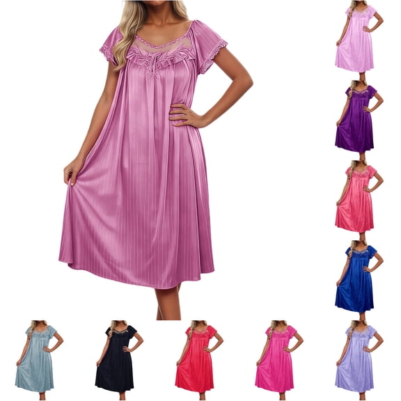 ZHOGXU Summer Dresses For Women Short Sleeve V Neck Solid Color Midi Length Loose Fit Nightdress For Everyday Wear,Pink,One Size