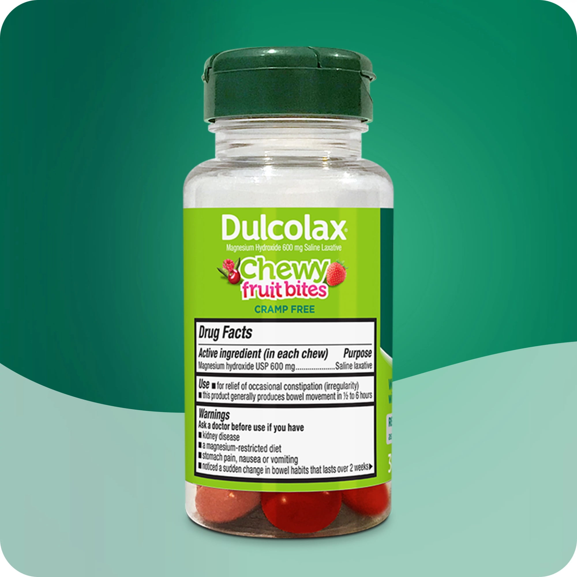 Dulcolax Saline Laxative Chewy Fruit Bites, Fast & Gentle Constipation Relief, Cherry Berry Flavor, Magnesium Hydroxide 600 mg, 30 Count