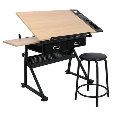ZENY MDF Adjustable Height Drafting Desk Drawing Table with Stool and Drawer, Black