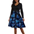 thumbnail image 2 of 2026 Valentine Dress for Women Retro Long Sleeve V-Neck Cocktail Dresses with Belt 3D Love Heart Print A-Line Dress Navy L, 2 of 6