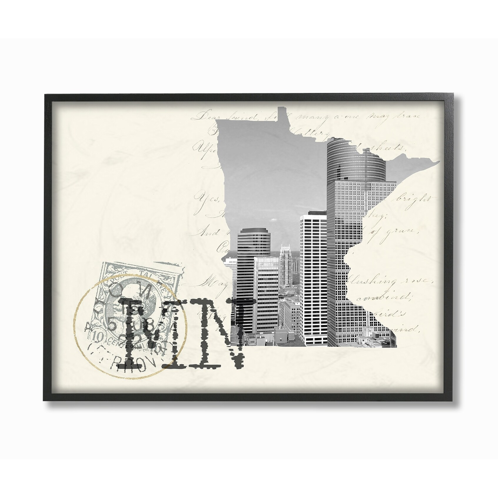 The Stupell Home Decor Minnesota Black and White Photograph on Cream Paper Postcard Framed Texturized Art