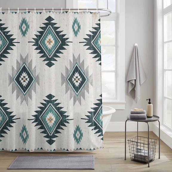 Bathroom Shower Curtain Boho Aztec Turquoise Geometric Waterproof Shower Curtains with Hooks, Southwest Tribal Style Bath Curtains Bathtub Curtain Home Decor 36x72in