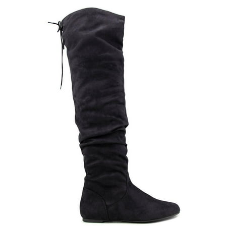 Flat Over The Knee Boots Soda Women Over The Knee Thigh High Flat Boots Back Lace Up Slip On Slouch LONGBAY Suede Black 5.5 ()