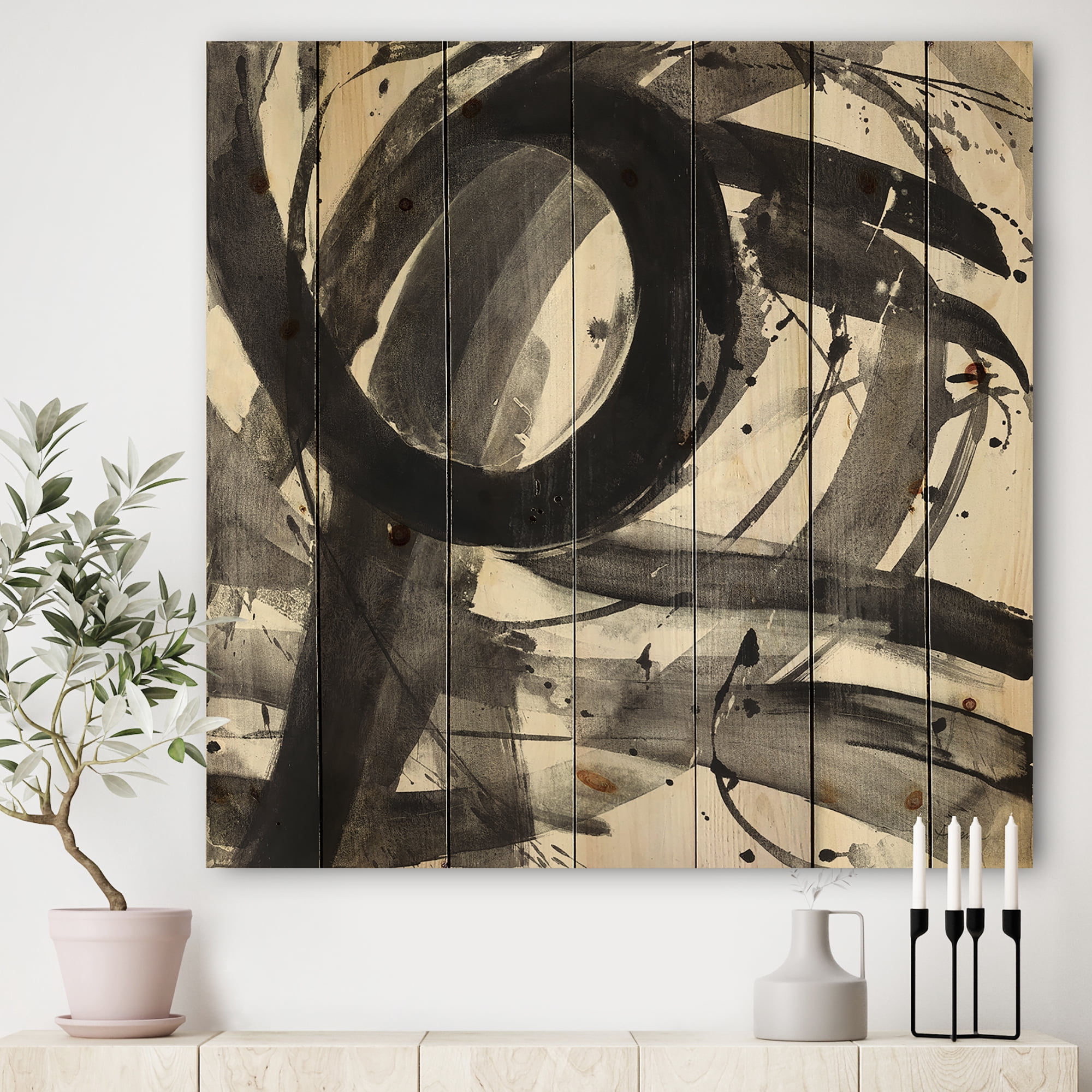 Designart 'Minimalistic Roller II' Mid-Century Modern Print on Natural Pine Wood
