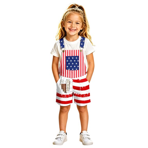 Girls Rompers Vigorous Patriotic Print Sleeveless Square Neck Kids Versatile Strap Short Jumpsuit Outdoor Summer Outfit