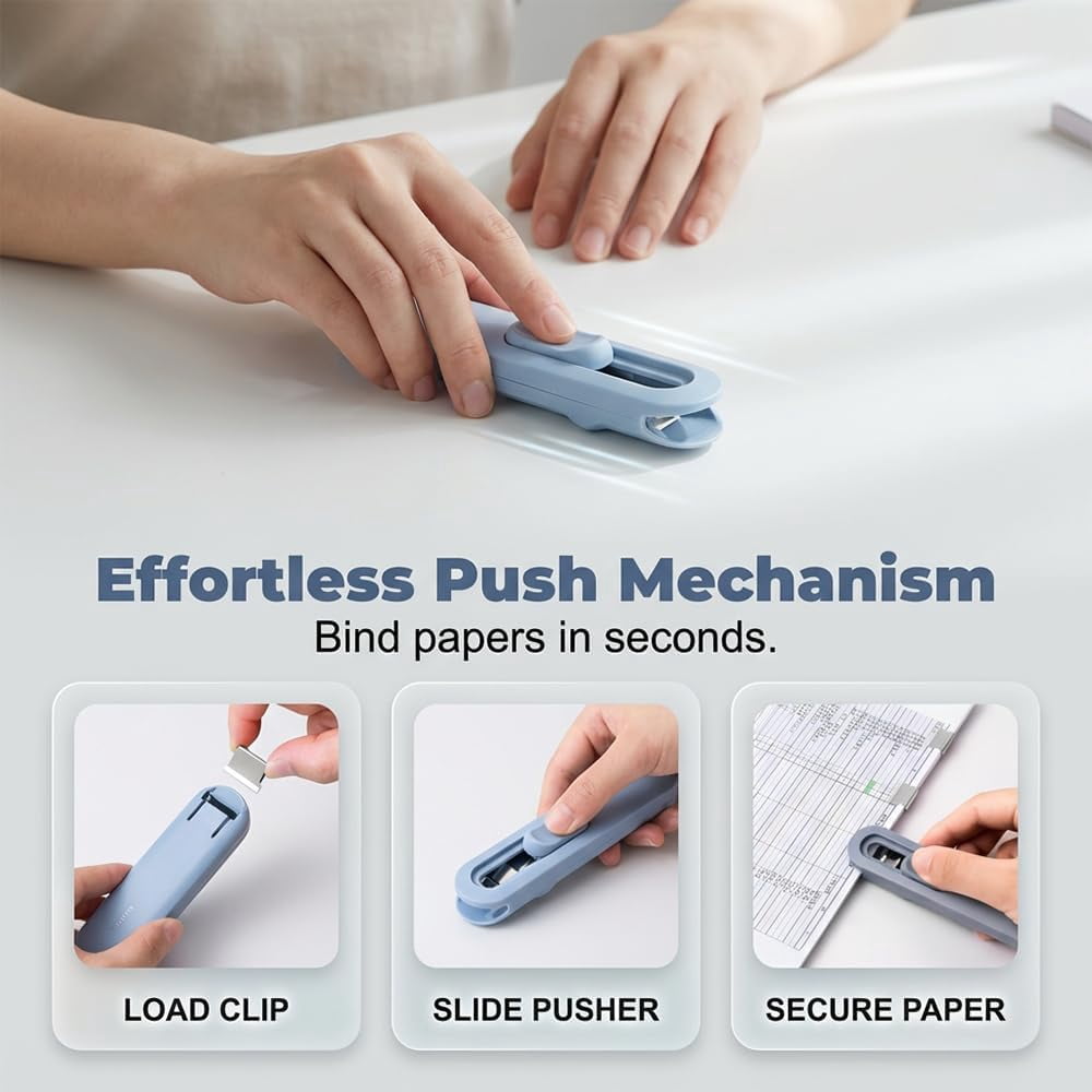Push Clip Binder Stapler with 108 Reusable Clips, Portable Handheld Paper Clamp, Document Fastener for Office(Green)