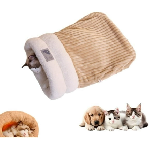 Winter Warming Cat Sleeping Bag，Soft Plush Sleeping Bag for Indoor Cats，Cozy Pet Nest for Cats and Dogs, Portable Calming Pet Nests，Cat Cave Bed Self Warming Bed, Pet Hideway (A-Brown,Large)