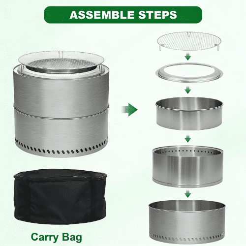 Portable Smokeless Fire Pit with Grill Grate, Removable Ash Tray, Carry Bag, Stainless Steel, for Outdoor Use (19.1 Inch)