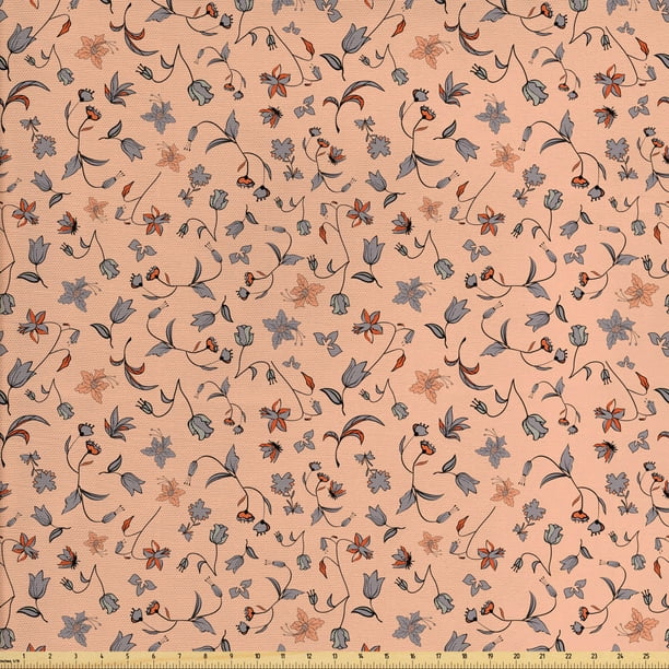 Peach Colors Fabric by The Yard, Abstract Autumn Botany and Flora in ...