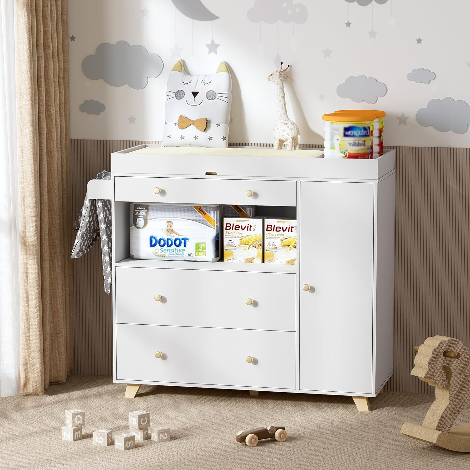 PAKASEPT 43" Changing Table Dresser, Baby Classic Nursery Dresser with 3 Drawers and 1 Cabinet, Multi-Functional Baby Changing Table