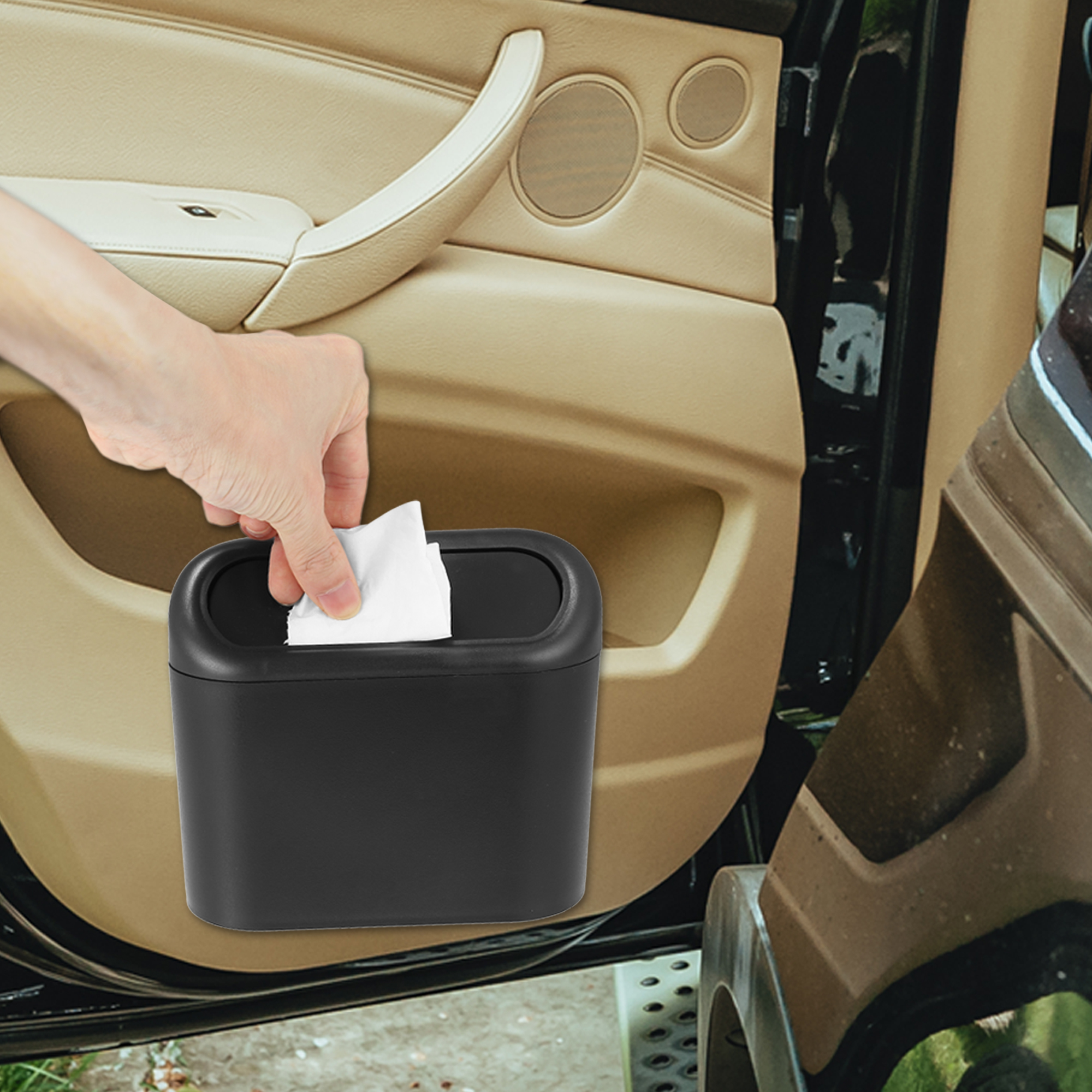 Unique Bargains Pressing Type Trash Can Hanging Vehicle Garbage Dust Box Black