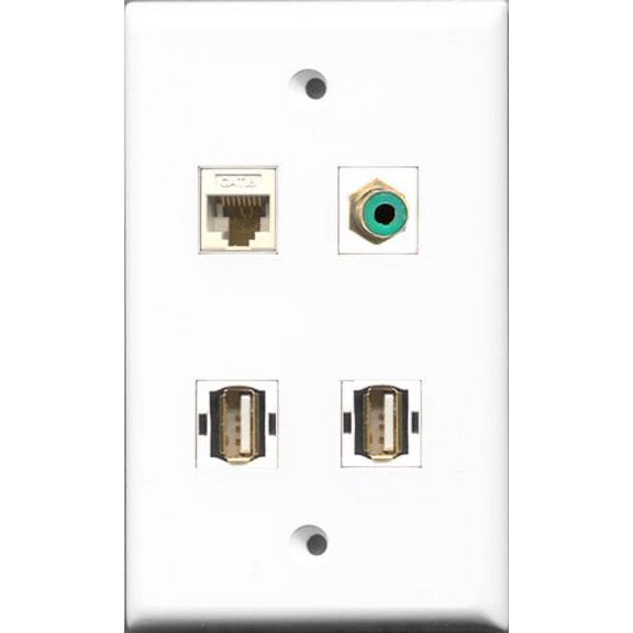 RiteAV 1 Port RCA Green 2 Port USB A-A and 1 Port Cat6 Ethernet White Wall Plate