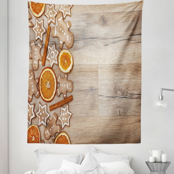 Gingerbread Man Tapestry, Dried Orange Slices Cinnamon Sticks Aromatic Biscuits Stars, Fabric Wall Hanging Decor for Bedroom Living Room Dorm, 5 Sizes, Umber Orange White, by Ambesonne