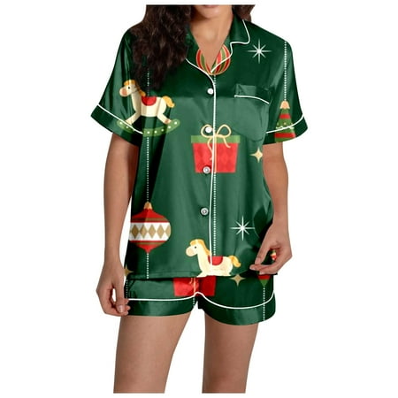 JIANJIA Womens Pajama Sets Christmas Cartoon Print Silk Satin Lapel Short Sleeve Tops With Shorts Sleepwear Homewear