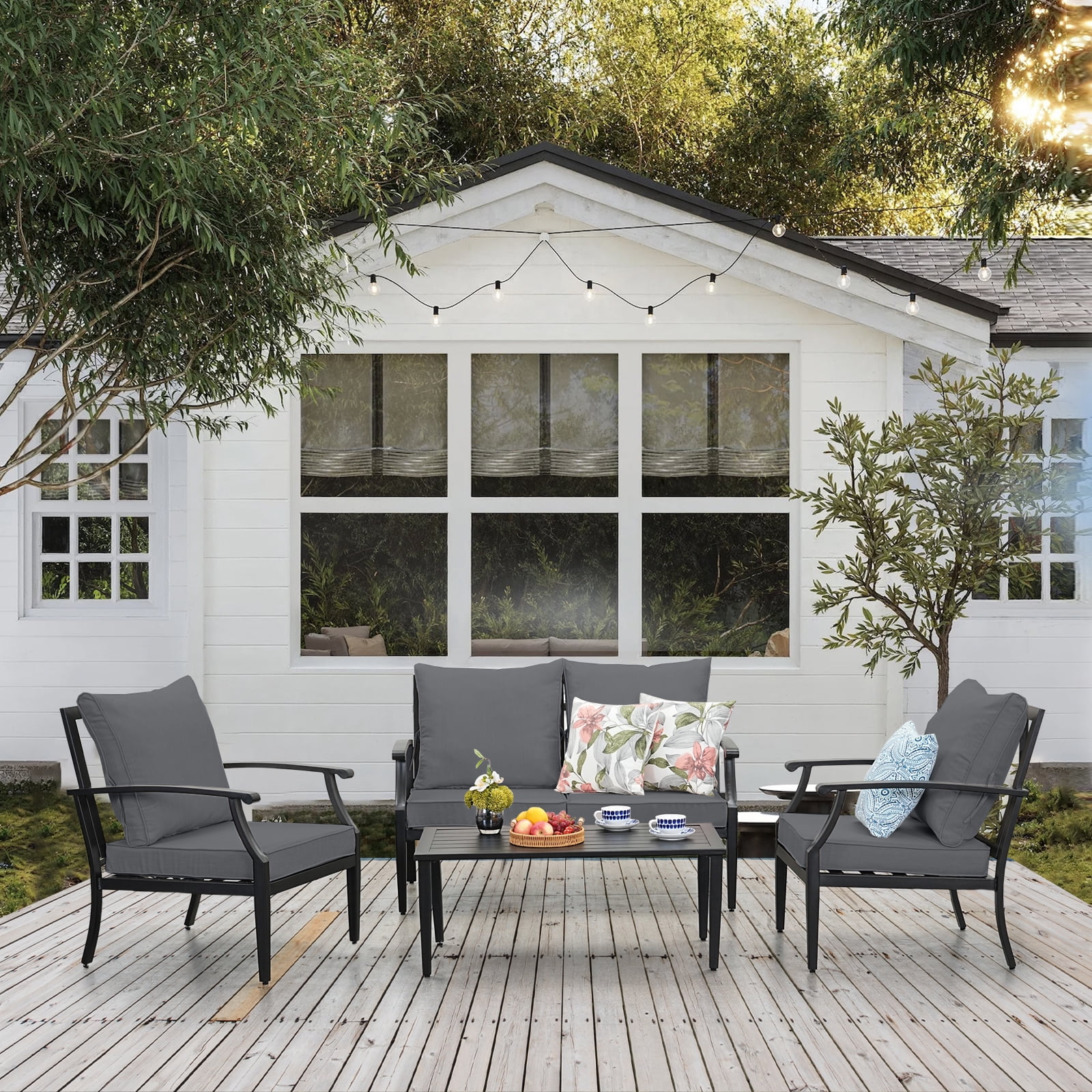 JOYURE 4 pieces Patio Furniture Set w/loveseat,Coffe Table,Outdoor Conversation Metal Sofa with High Back and Thick Cushion,for Backyard,Garden,Grey