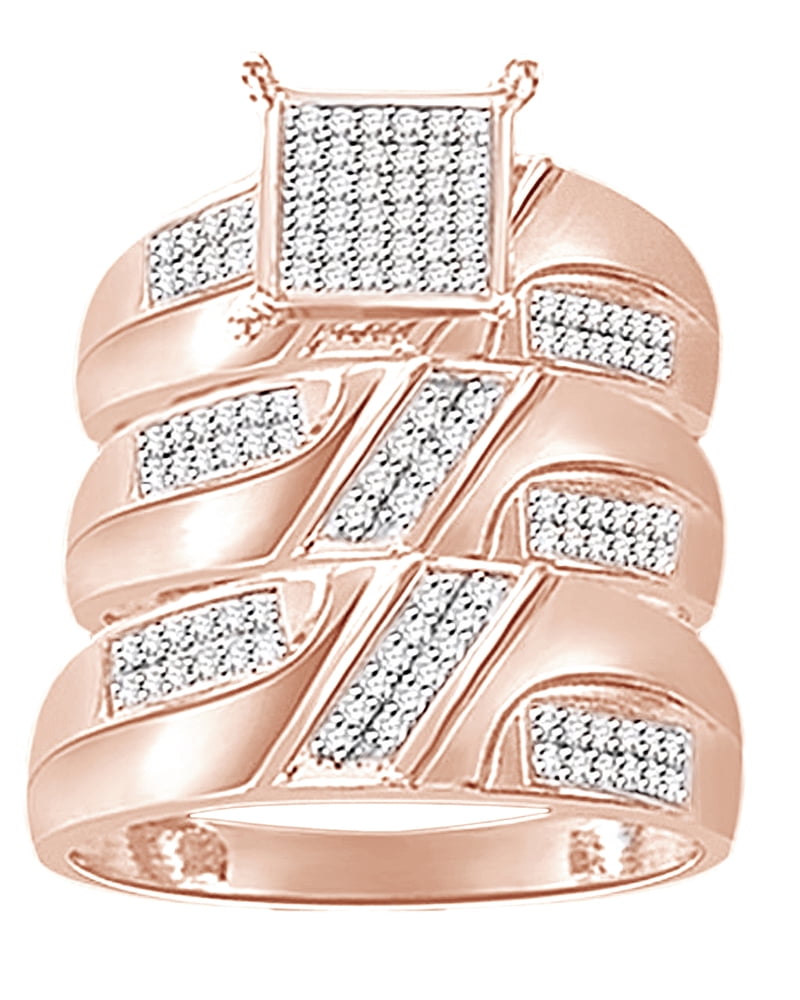 White Natural Diamond Engagement & Wedding Trio Band Ring Set In 14K