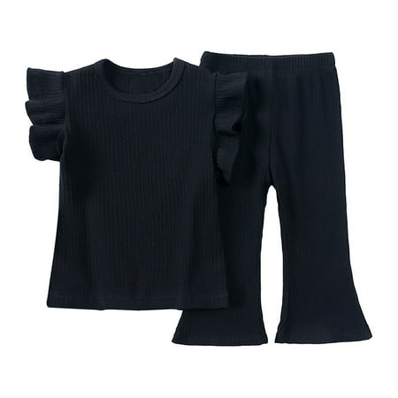

WUXIAN Toddler Baby Boy Girls Trousers Solid Color Cotton Short Sleeve Knitted Ribbed Shirt Flared Pants Set Outfits Infants Children Cute Dailywear