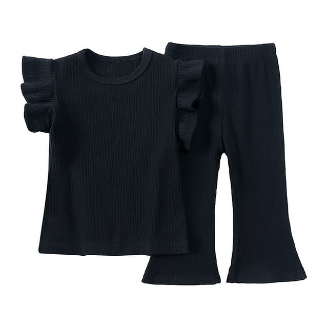 Hiiyo Girls Knitted Rib Pajamas Ruffle Sleeve T-Shirt Flared Pants Cotton Sleepwear