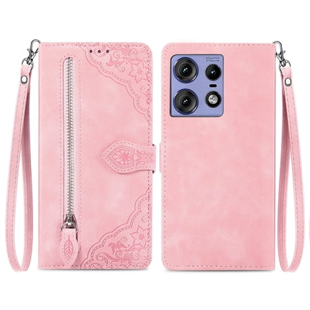 SYITOOCK Phone Case for Motorola Moto Edge 50 Pro, Shockproof PU Leather Wallet Case with Card Slots Anti-Scratch Stand Magnetic Flip Zipper Pocket Cover for Motorola Moto Edge 50 Pro, Pink