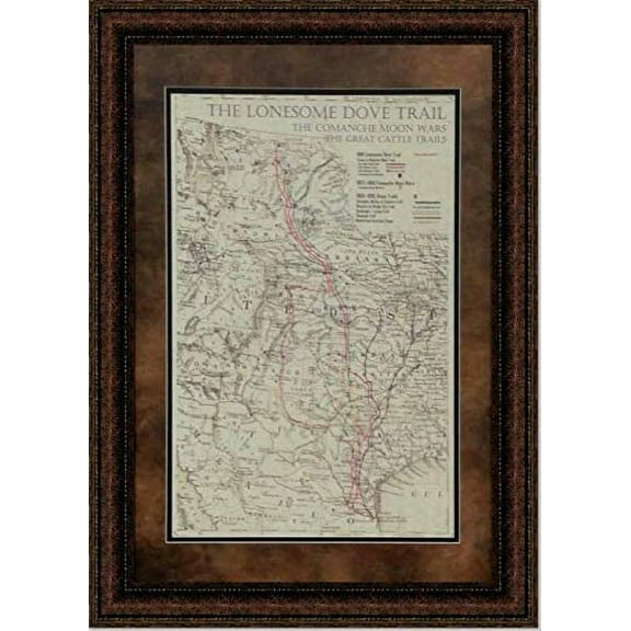Lonesome Dove Trail Map | Framed Historic Texas Map in Double Mat | 29L X 23W" Inches