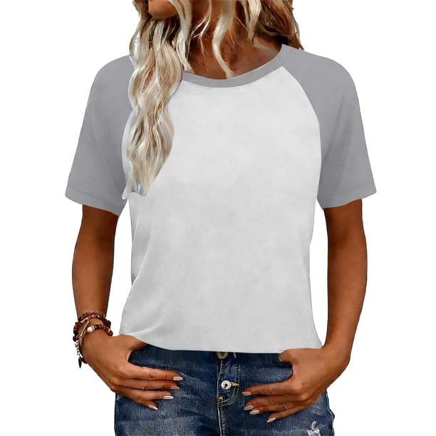 Camisetas de manga corta de verano para mujeres Moda de manga de raglan Color bloqueado cuello redondo Blusa casual Camisetas de manga corta de mujer Casual