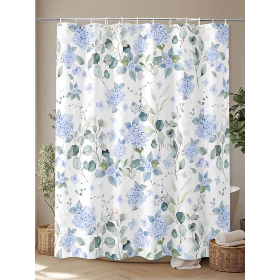 Shower Curtain, Farm Hydrangea Flower Blue Waterproof Shower Curtain Set with Hooks for Bathroom Showers,Stalls and Bathtubs,72x72In Country Eucalyptus Leaf Floral