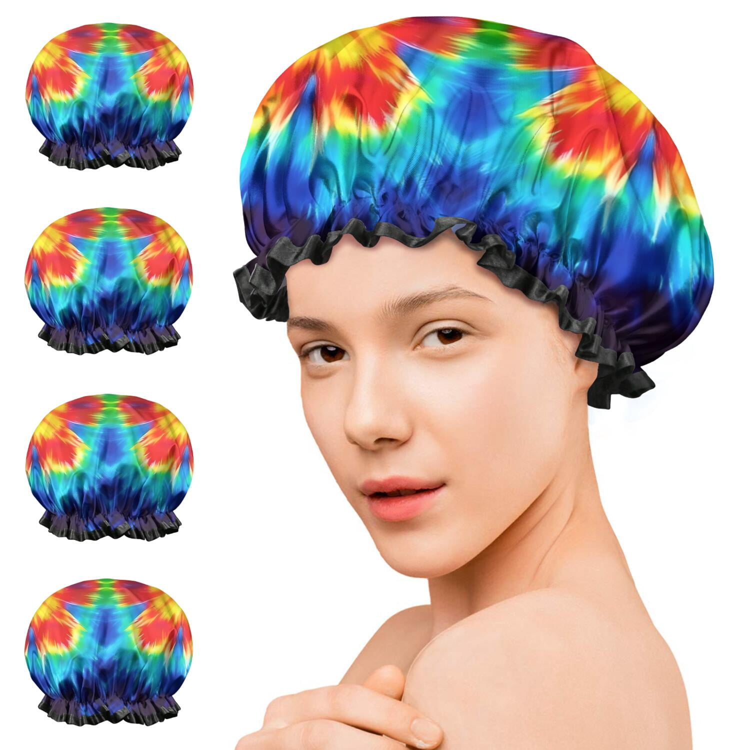 Shower Caps,Colorful Tie Dye Flowe Waterproof Shower Cap for Women 4 Pieces,Double Reusable Hair Cover for Shower PEVA Elastic Stretch Hem
