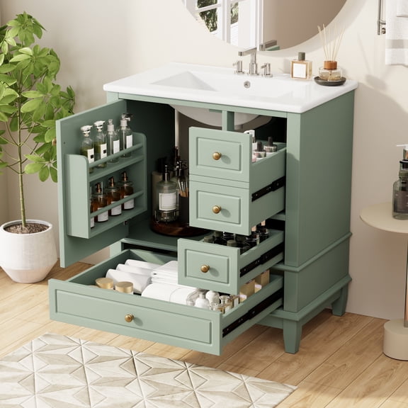 DTTRA 30" Freestanding Modern Bathroom Vanity with Ceramic Sink, Soft-Close Door and 3 Drawers, Light Green
