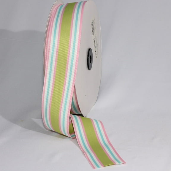 The Ribbon People Pink, Green, and Blue Striped Grosgrain Woven Craft Ribbon 1.75" x 55 Yards