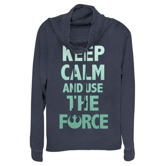 Junior's Star Wars Keep Calm and Use the Force Cowl Neck Sweatshirt Navy Blue Small