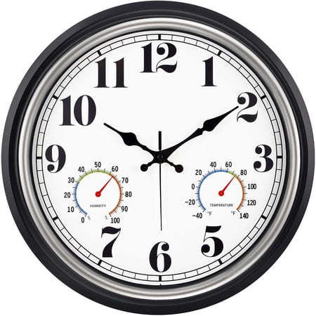 General 16 Inch Silver Vintage Large Indoor/Outdoor Waterproof Wall Clock with Thermometer & Hygrometer, Silent Non-Ticking Quartz Timepiece for Home, Porch, Garden