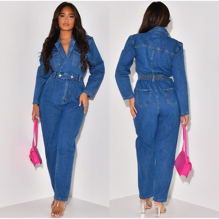 Mnyycxen Women's Slim Fit Denim Jumpsuit Long Sleeve Button