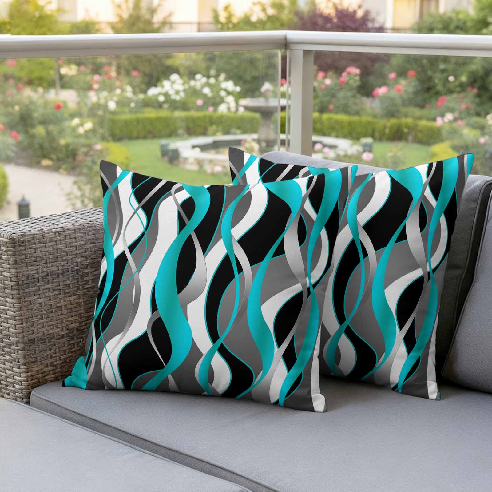 Aqua Stripe Outdoor Waterproof Pillow Covers, Ombre Grey Moire Geometric Modern Abstract Decorative Square Throw Pillowcase Sofa Cushion Sham for Patio/Couch/Chair, 26"x26" 2 Pack