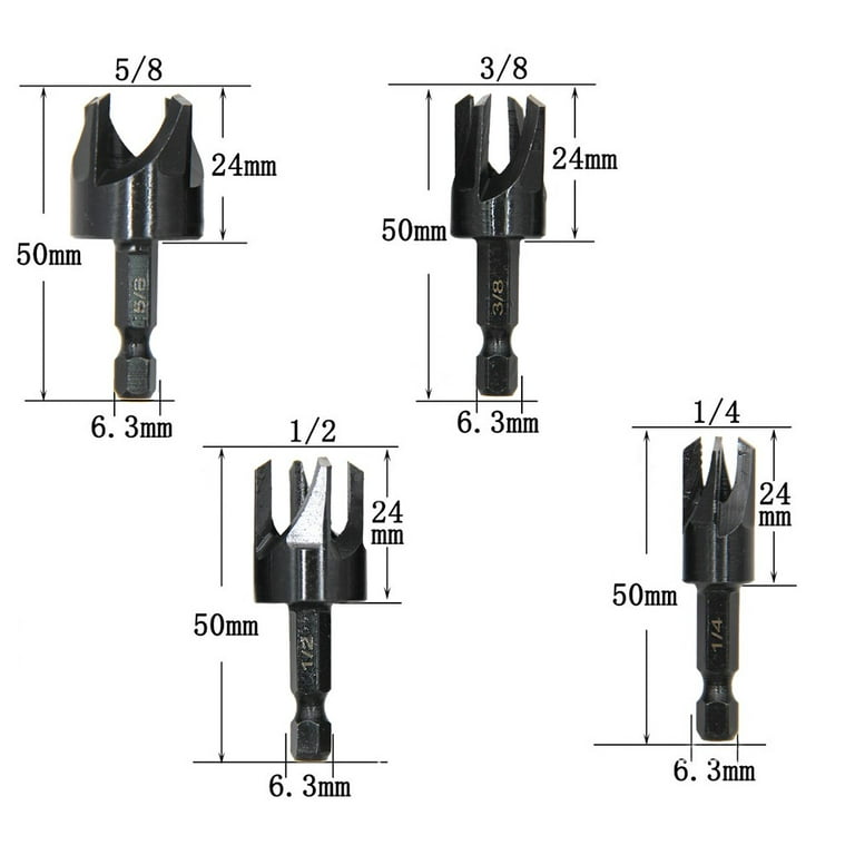 4 Pcs Wood Plug Hole Cutter Drill Bit Set Kit Tenon Dowel Cutter Maker  Shank Suiatble for Making 8/10/12/15MM Wood Dowel Pins