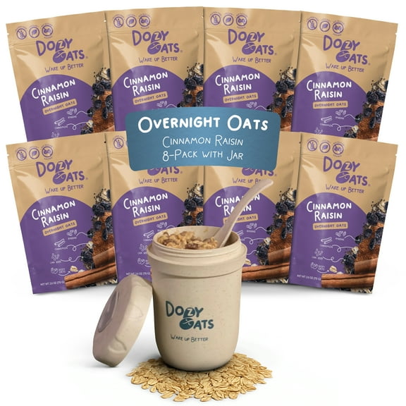 Dozy Oats Overnight Oats Cinnamon and Raisin 8-Pack With Jar - Gluten-Free, Vegan, No Added Sugar, Source of Protein and Fiber