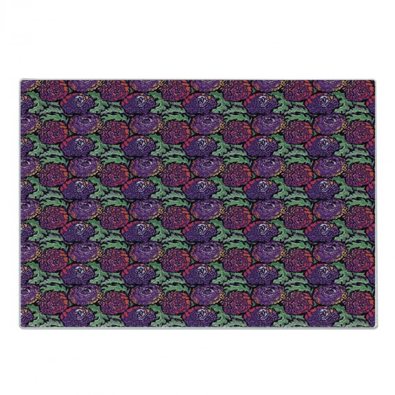 Flower Cutting Board, Vibrant Colored Peony Blossoms with Green Leaves Modern Growth Botanical, Decorative Tempered Glass Cutting and Serving Board, Small Size, Multicolor, by Ambesonne
