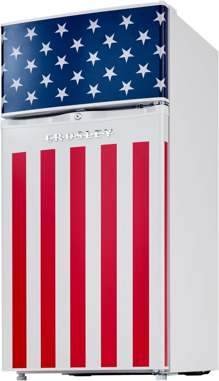 Crosley American Tribute 4.2 Cuft 2-Door Compact Refrigerator, White with American Flag Design