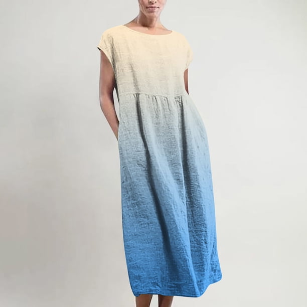 ICHUANYI Clearance Women’s Sleeveless Maxi Pockets Linen Loose Baggy Kaftan Long Dress(Blue, S) ICHUANYI WER2023081507281