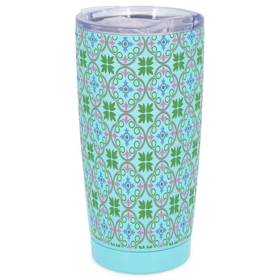 Elanze Designs Green & Pink Moroccan Tile Motif Wrap-Around Design 20 Ounce Stainless Steel On-The-Go Coffee Mug, Thermal Travel Tumbler with Leak Resistant Slide Lid, Sky Blue