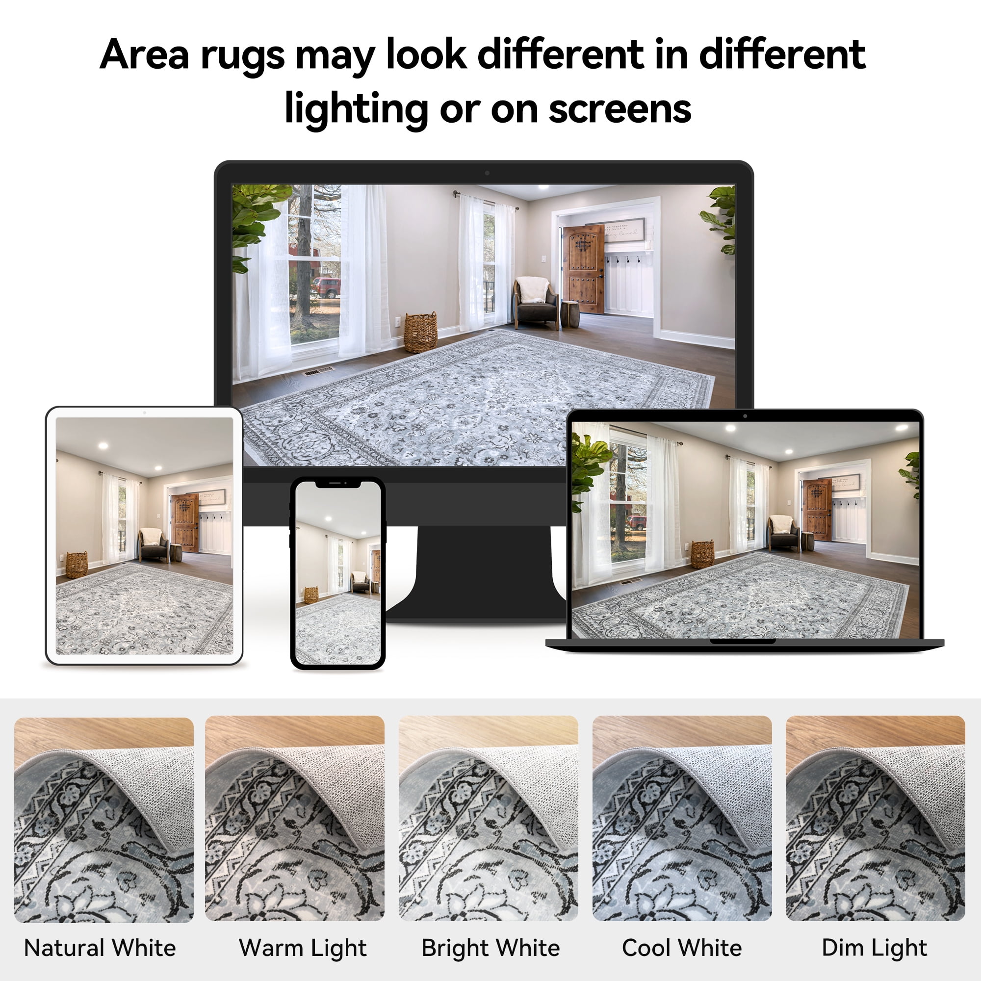 Lalado 8ft x 10ft Area Rugs for Living Room Washable Rugs Boho Floral Carpet Soft Low Pile Non-Slip Rug for Bedroom Dining Room Indoor Vintage Home Decor, Gray