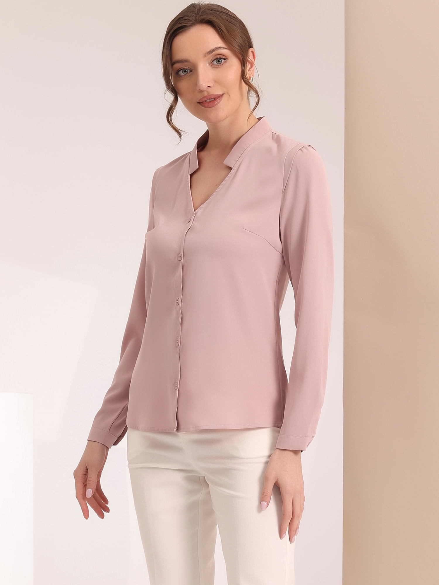 DARING DIVA Women's Elegant V Neck Long Sleeves Button Down Shirt XS Grey Pink