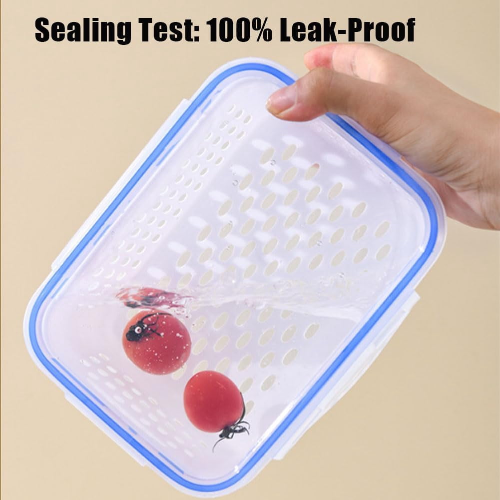 4 in 1 Food Storage Containers for Fridge,Household Transparent Plastic Food Storage Box-Including Drain Basket&Lid,Airtight Produce Container for Fruit Vegetable Organization (blue)(Q)