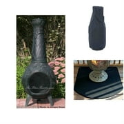 Angle View: QBC Bundled Blue Rooster Grape Wood Burning Chiminea Antique Green Color with Large Cover and Half Round Flexible Fire Resistant Chiminea Pads - Plus Free QBC Metal Chiminea Guide